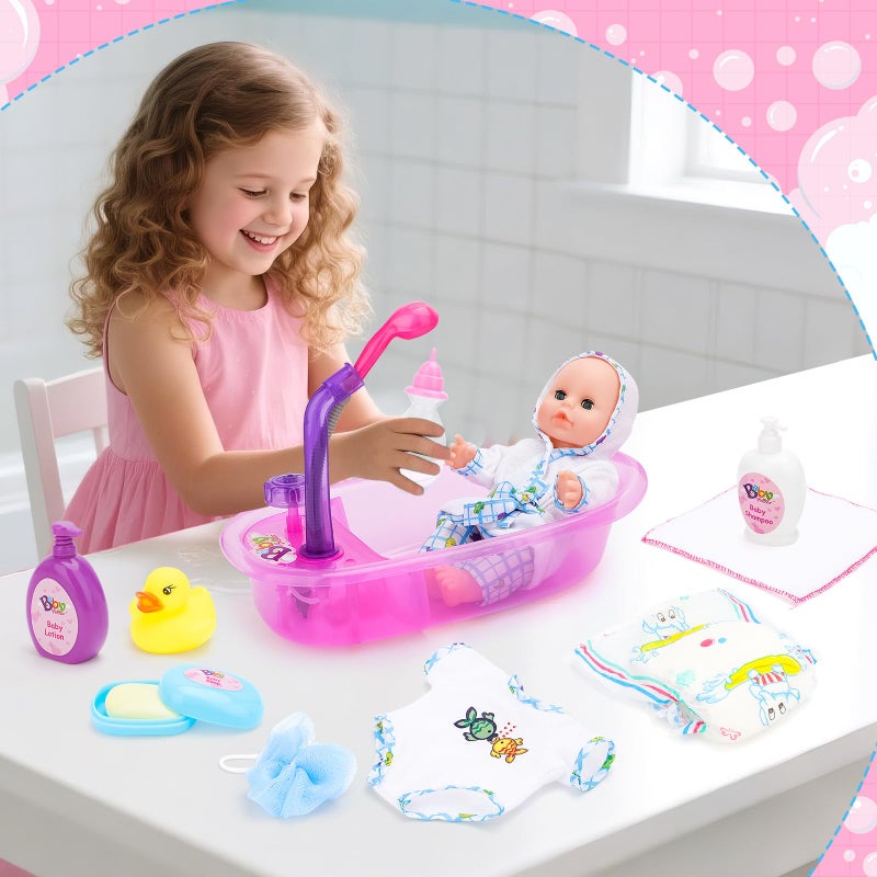 deAO Baby Doll Set,13 Inch Bath Time Baby Doll Playset with Working Shower Spray and Accessories for Kids,Baby Doll and Accessories with Bath Set, Great Pretend Play Toys for Girls - Image 2